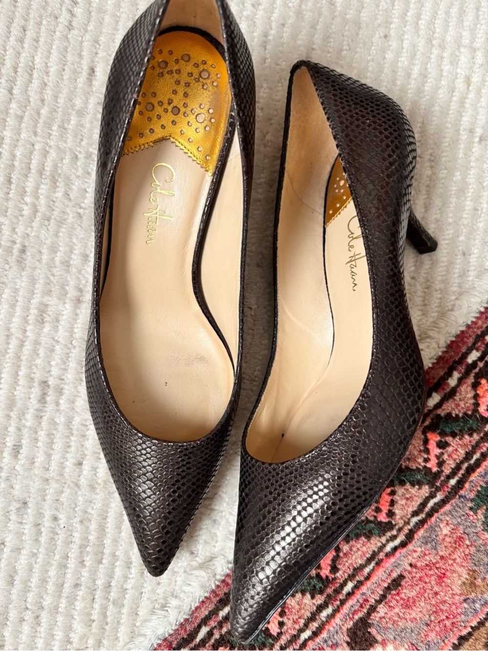 Cole Haan Women's Dark Brown Pointed-Toe EMB Snakeskin AIR Pumps